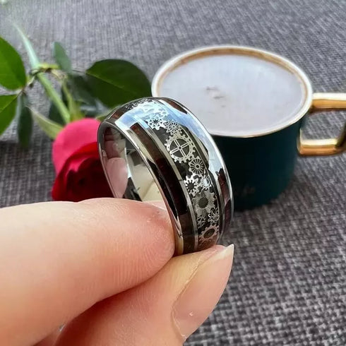 Men's 10mm Tungsten Clockwork Gears Koa Wood Inlay Engagement Wedding Band